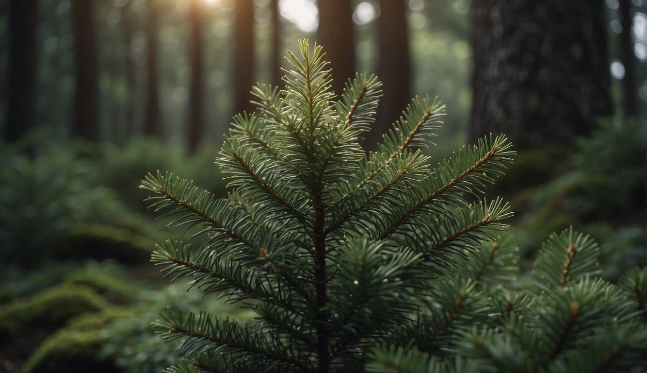 Eine heitere Waldszene mit einer Zirbenkiefer, die ihren beruhigenden Duft verströmt, umgeben von üppigem Grün und einer friedlichen Atmosphäre