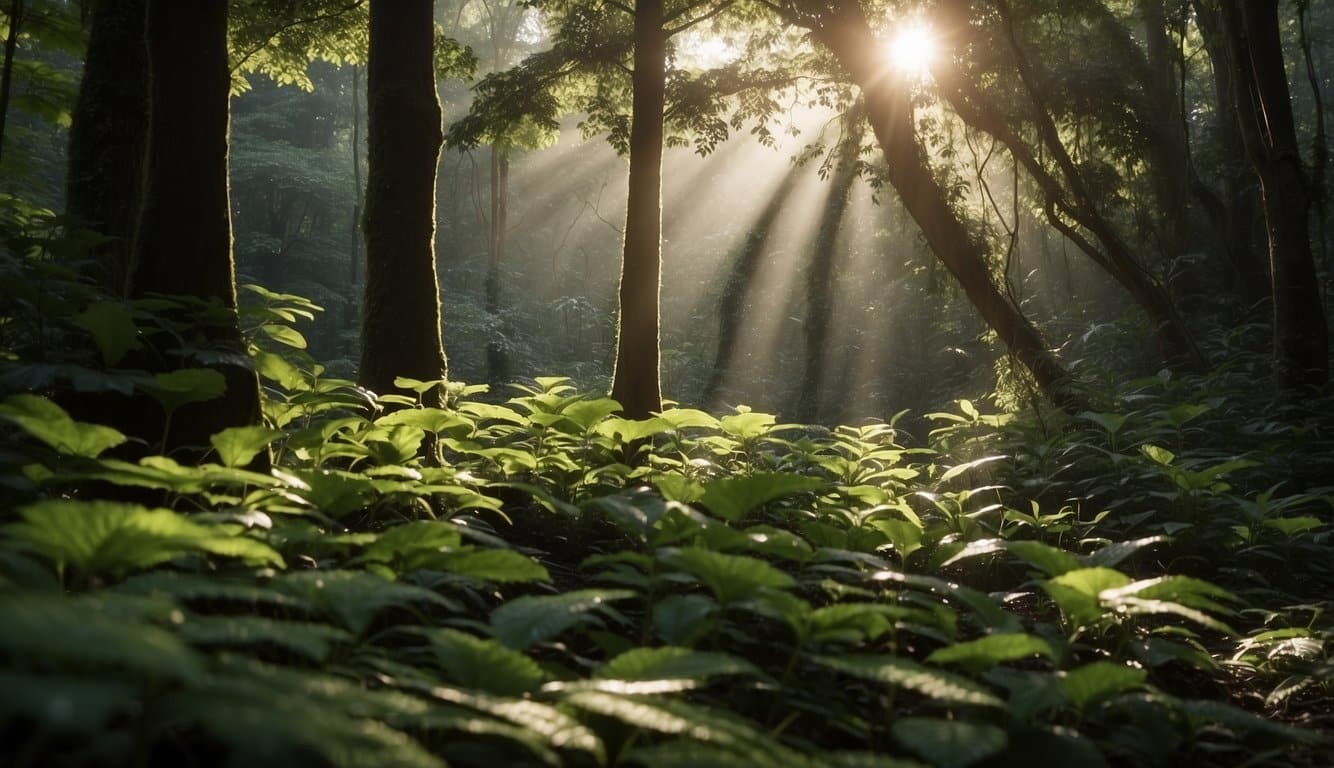 Eine heitere Waldlichtung, in der das Sonnenlicht durch die Bäume fällt, umgeben von Kakaopflanzen und einem Gefühl der Ruhe und Gelassenheit