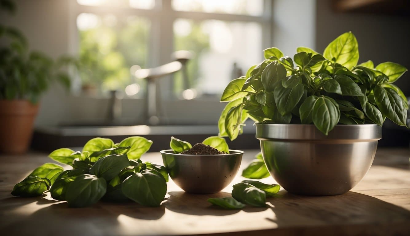 Fresh basil leaves on a kitchen countertop, with sunlight streaming in. A mortar and pestle sit nearby, ready to crush the fragrant herb